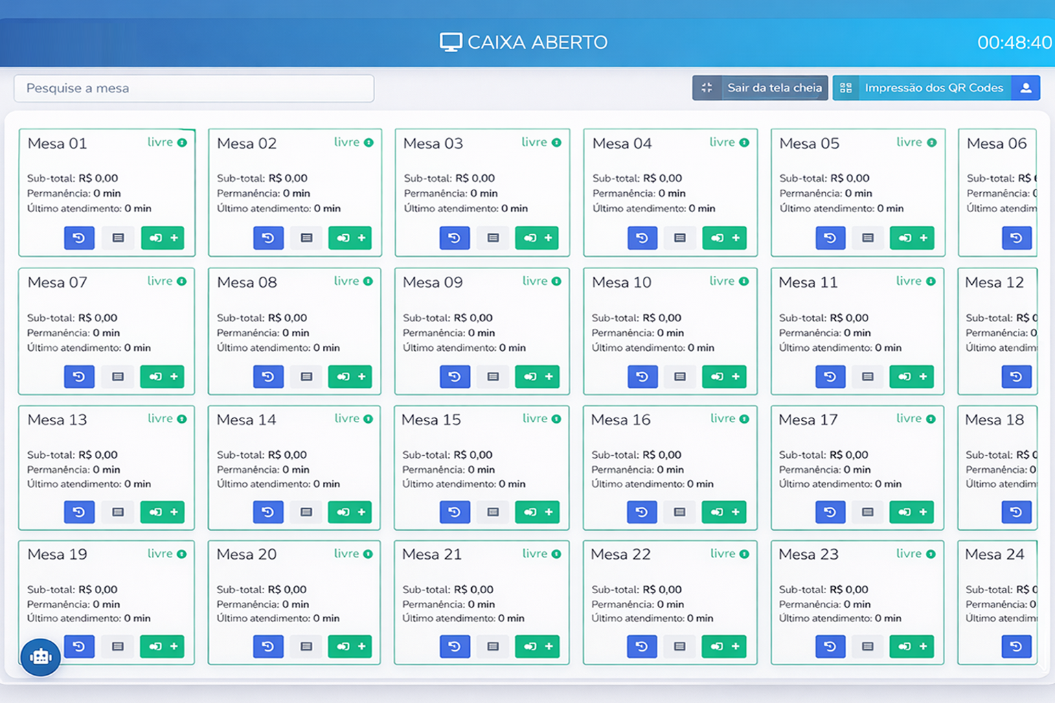Tela de mesas do sistema Revenda Demo 